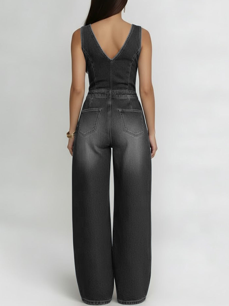 Women's V-neck Sleeveless Casual Loose Denim Wide-leg Jumpsuit-blumpark