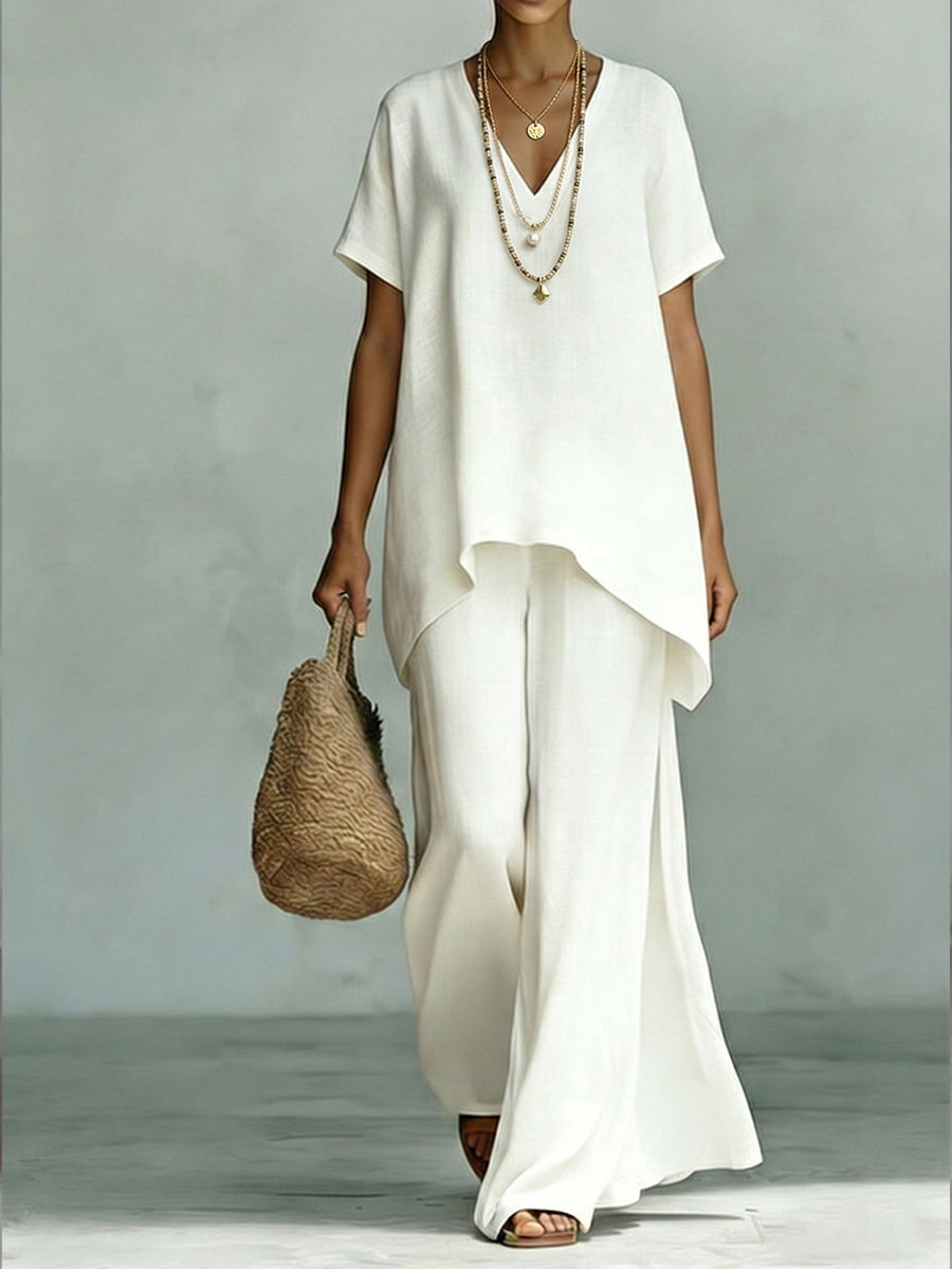 Classic Casual Short-sleeved Linen And Cotton Top And Wide-leg Pants Two-piece Set-blumpark