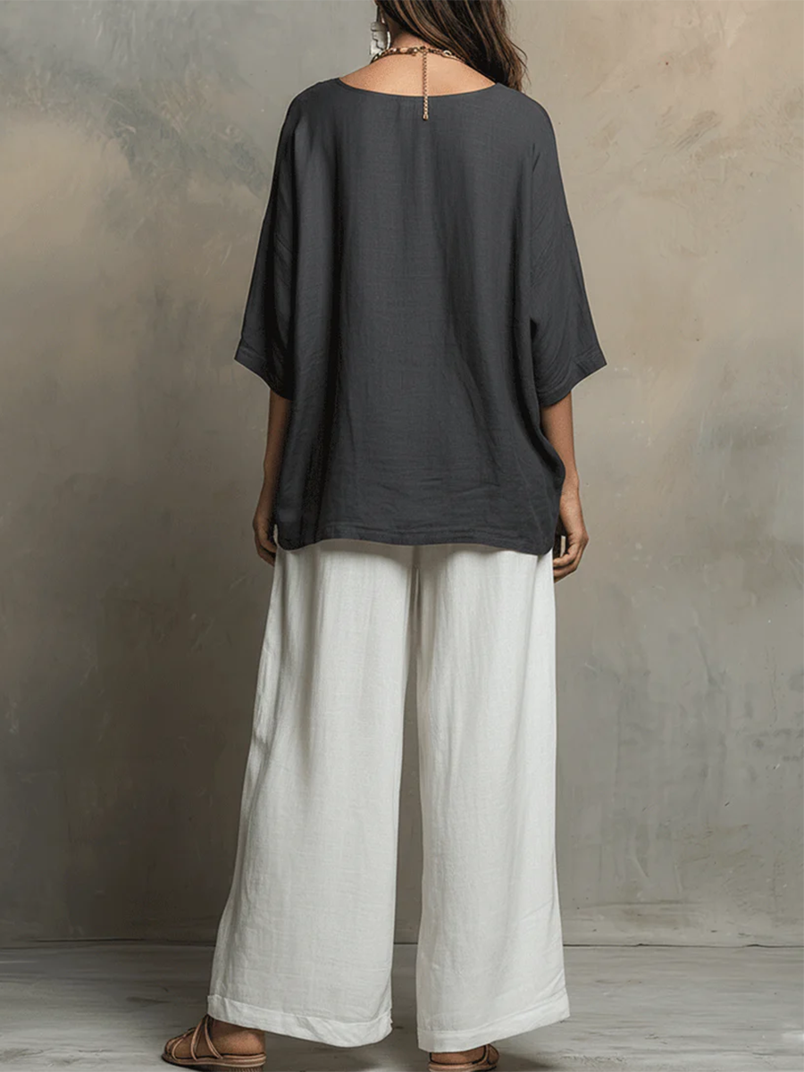 Cozy Cotton-linen Irregular Top And Wide-leg Pants Two-piece Set-blumpark