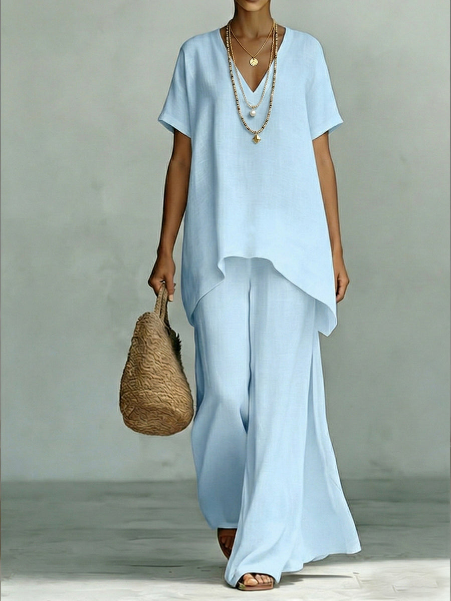Classic Casual Short-sleeved Linen And Cotton Top And Wide-leg Pants Two-piece Set-blumpark