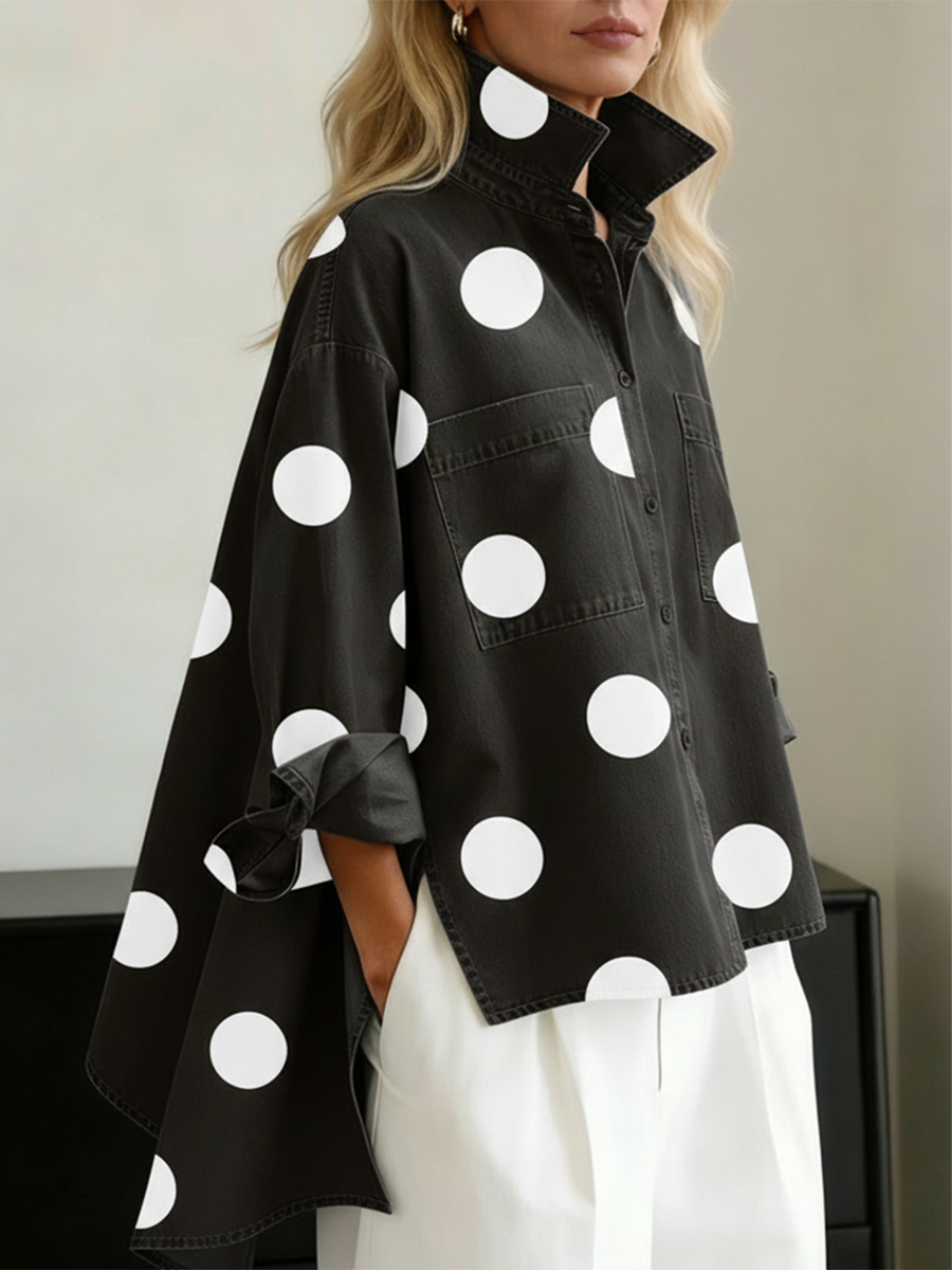 Elegant Artistic Polka Dot Print Stand-collar Denim Top-blumpark