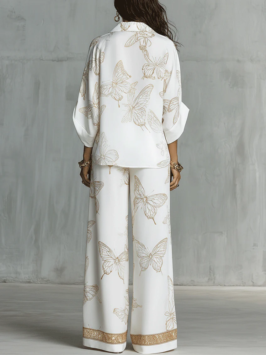 Casual Elegant Gold Butterfly Print Loose Two-piece Set-blumpark