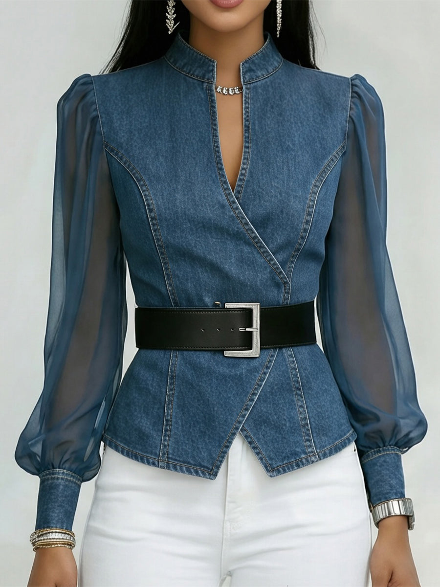 Elegant, Slim-fitting Denim Top With Organza Sleeves.-blumpark