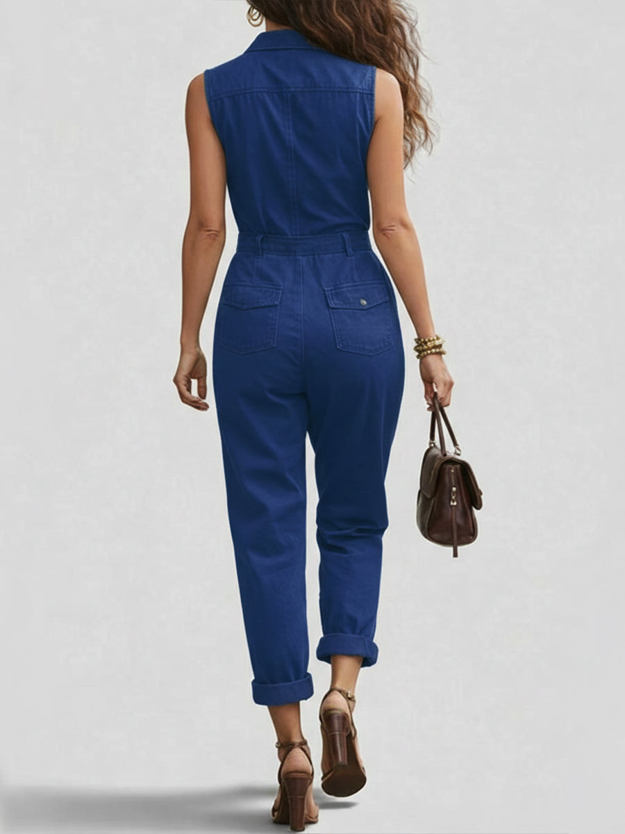 Fashionable And Casual Zippered Sleeveless Cotton Jumpsuit-blumpark