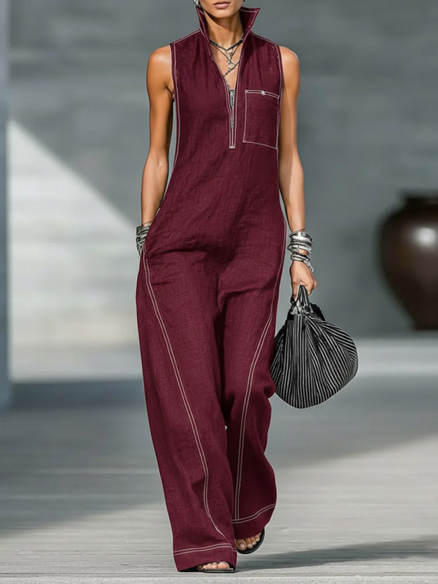 Women's Stand-collar Sleeveless Casual Loose Cotton And Linen Jumpsuit-blumpark