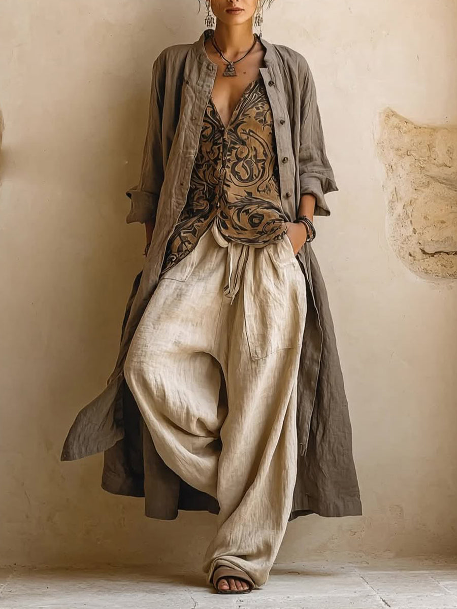 Casual Bohemian Linen And Cotton Long Cardigan And Sleeveless Top And Pants Three-piece Set-blumpark