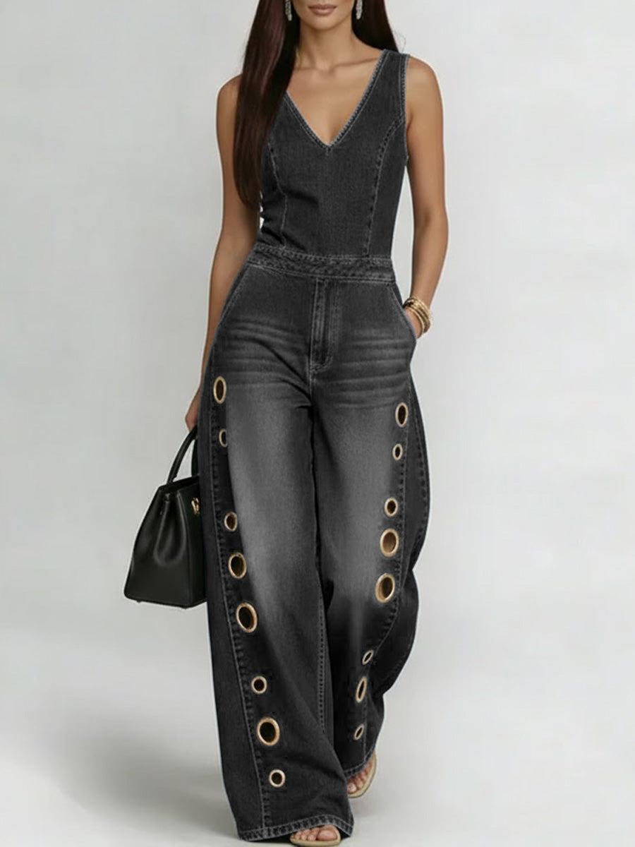Women's V-neck Sleeveless Casual Loose Denim Wide-leg Jumpsuit-blumpark