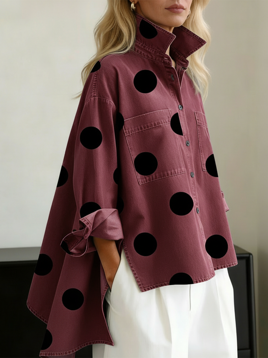 Elegant Artistic Polka Dot Print Stand-collar Denim Top-blumpark