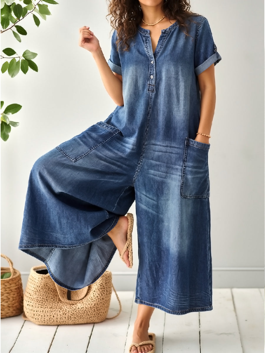 Women's Casual Loose Short-sleeved Denim Jumpsuit-blumpark