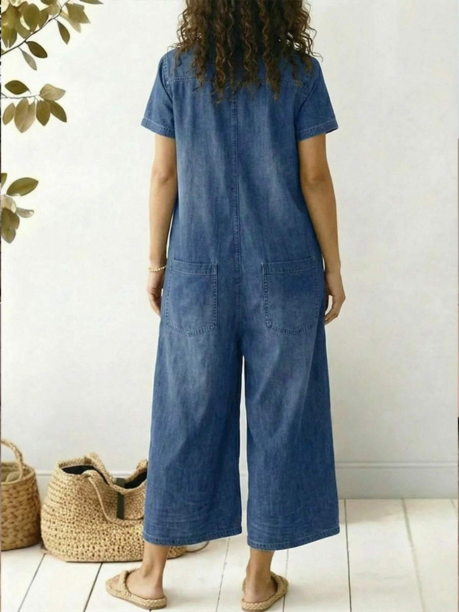 Women's Loose-fitting Casual Short-sleeved Denim Jumpsuit-blumpark