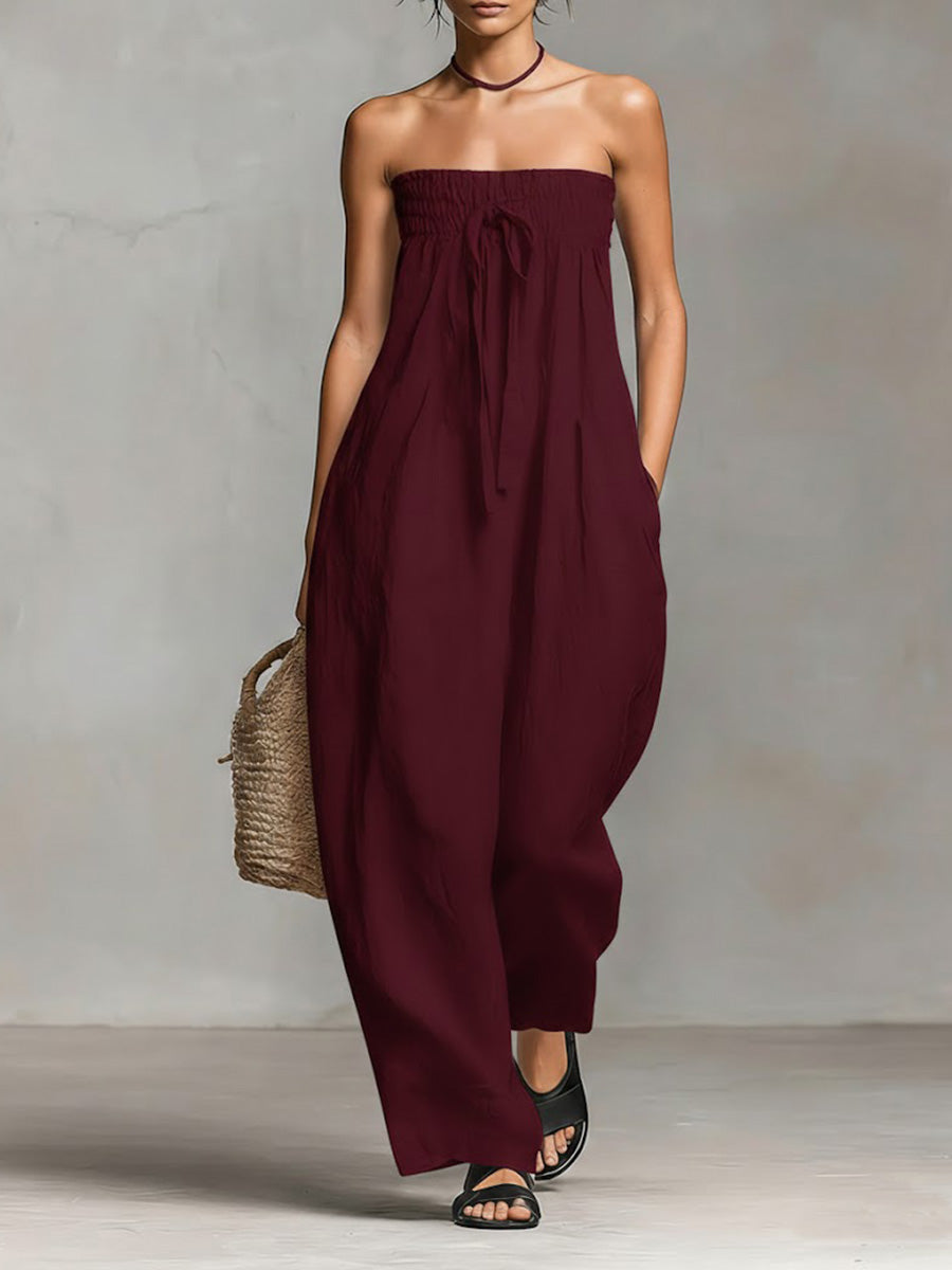 Women's Solid Color Strapless Casual Loose Cotton And Linen Jumpsuit-blumpark