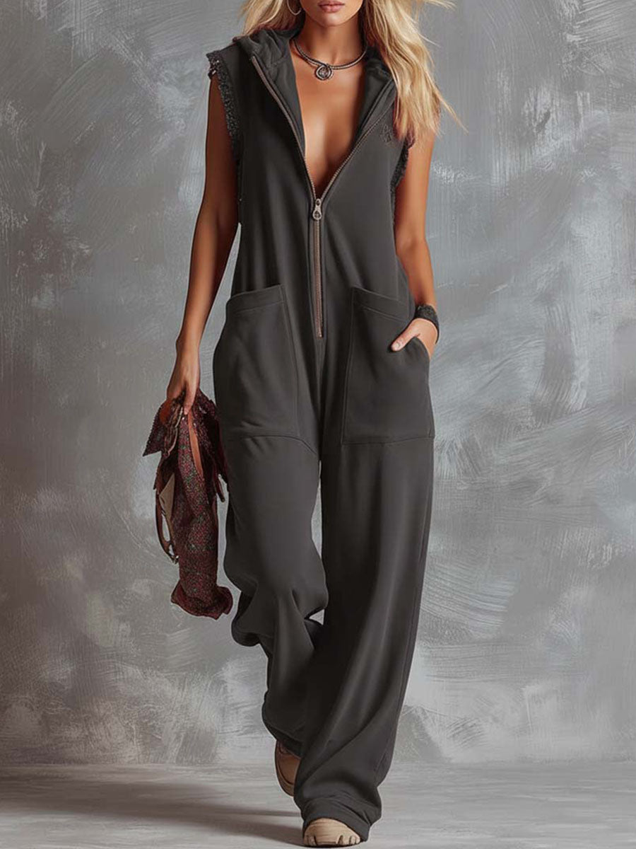 Women's Solid Color Sleeveless Casual Loose Hooded Cotton Wide-leg Jumpsuit-blumpark