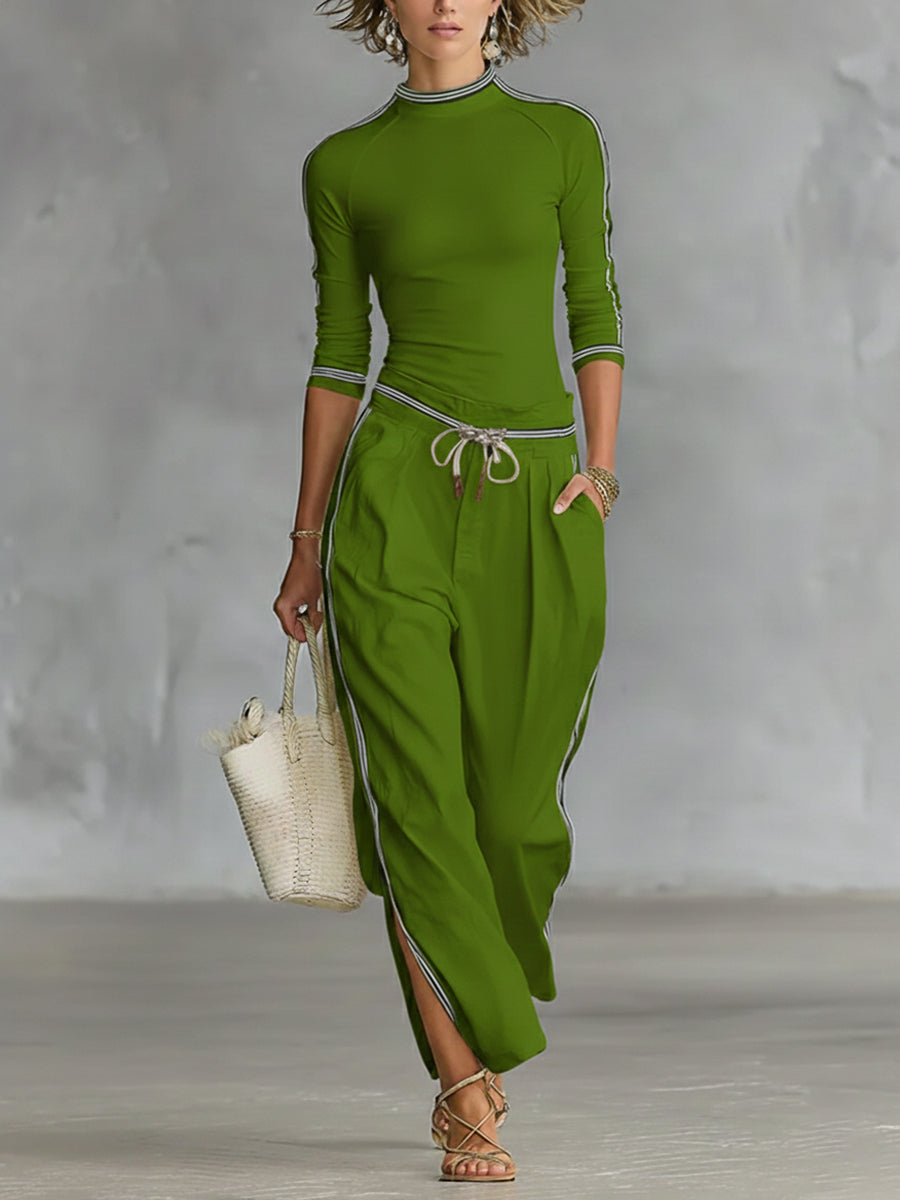 Women’s Cozy Stretch Knit Top And Linen And Cotton Trousers Two-piece Set-blumpark