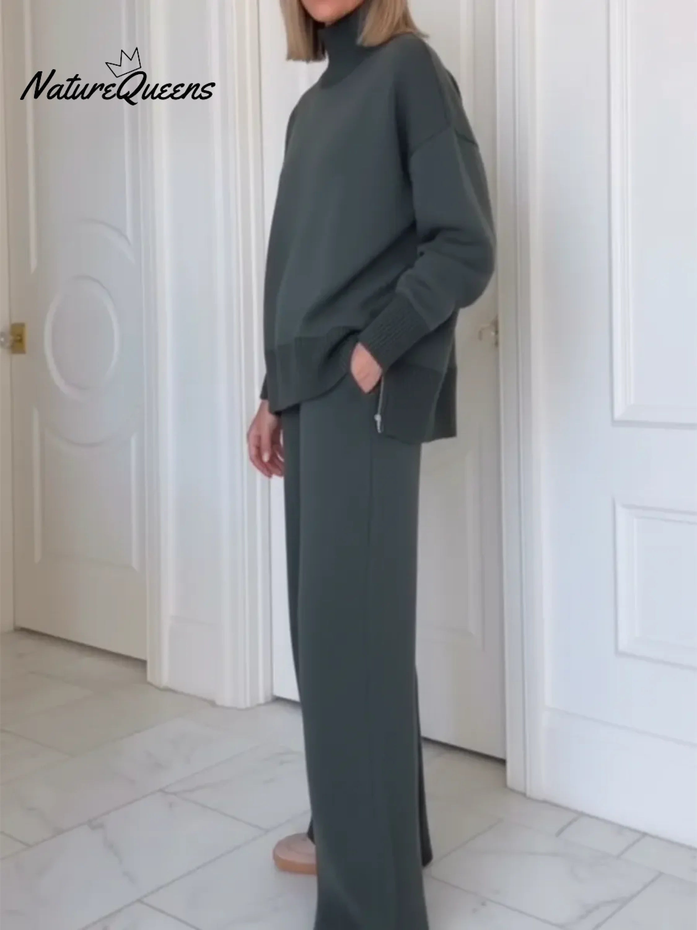 Casual Travel Stand Collar Side Zipper Top Straight Pants Two-Piece Set-blumpark