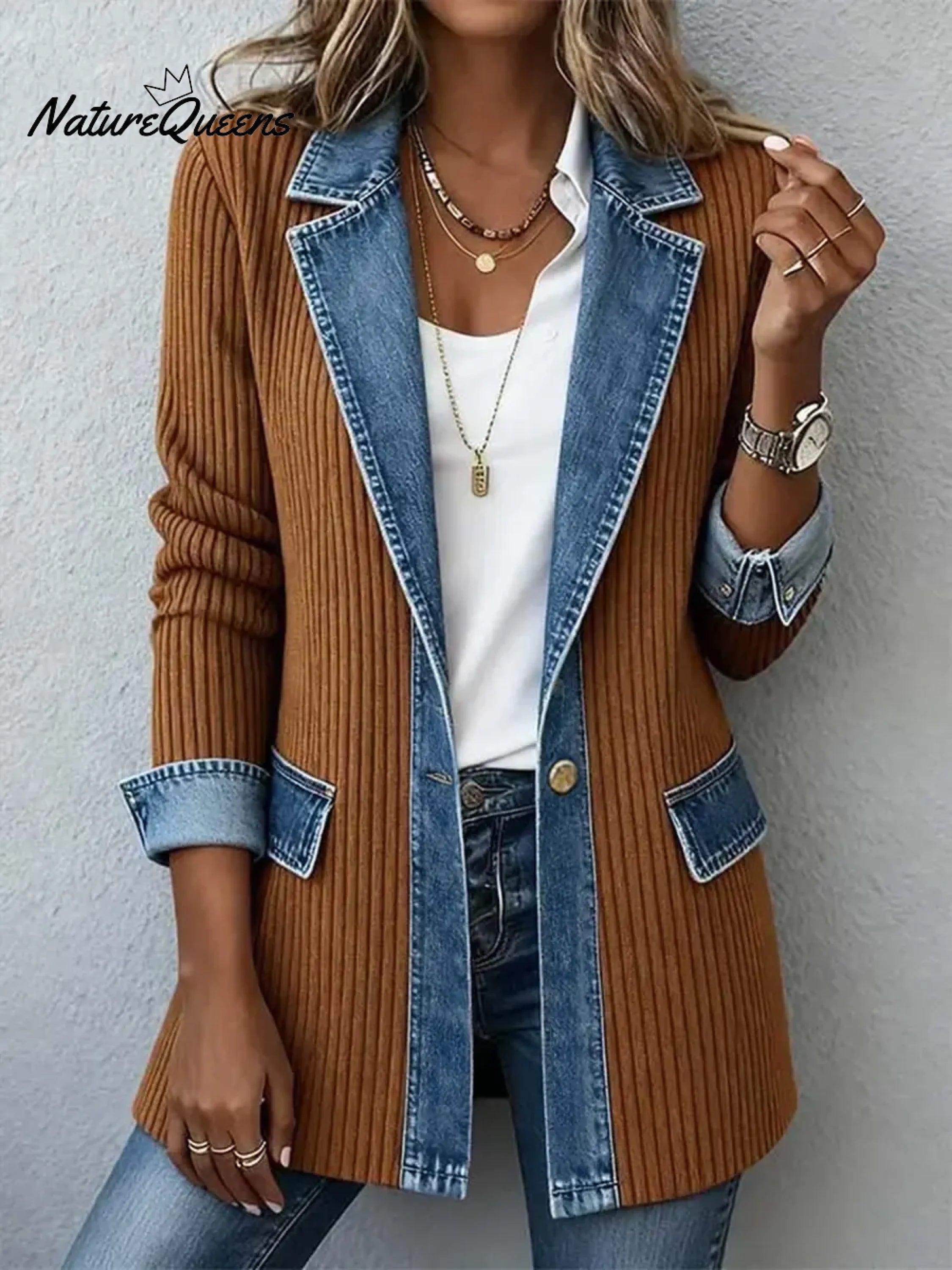 Knitted Patchwork Denim Casual Cotton Jacket-blumpark