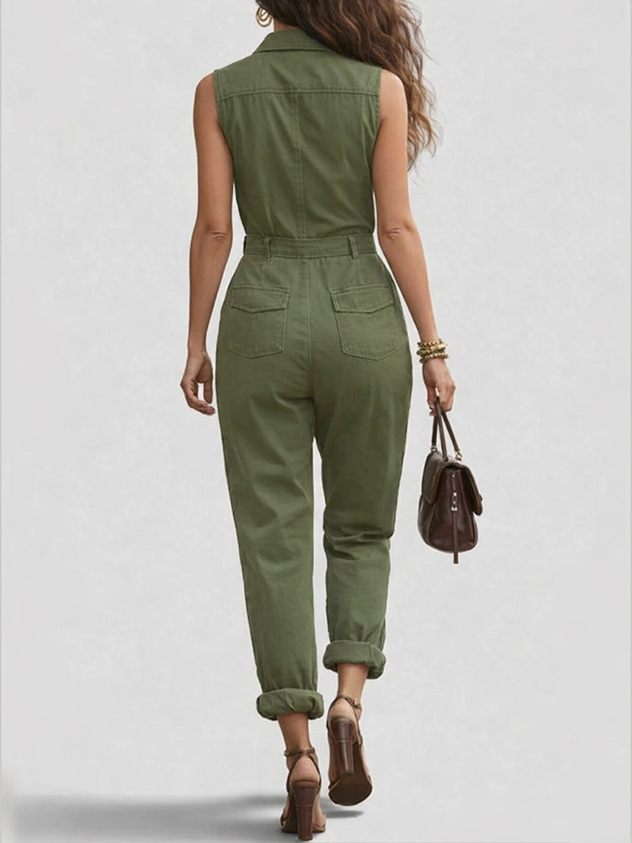 Fashionable And Casual Zippered Sleeveless Cotton Jumpsuit-blumpark