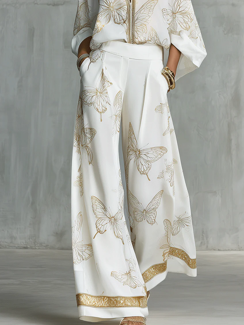 Casual Elegant Gold Butterfly Print Loose Two-piece Set-blumpark
