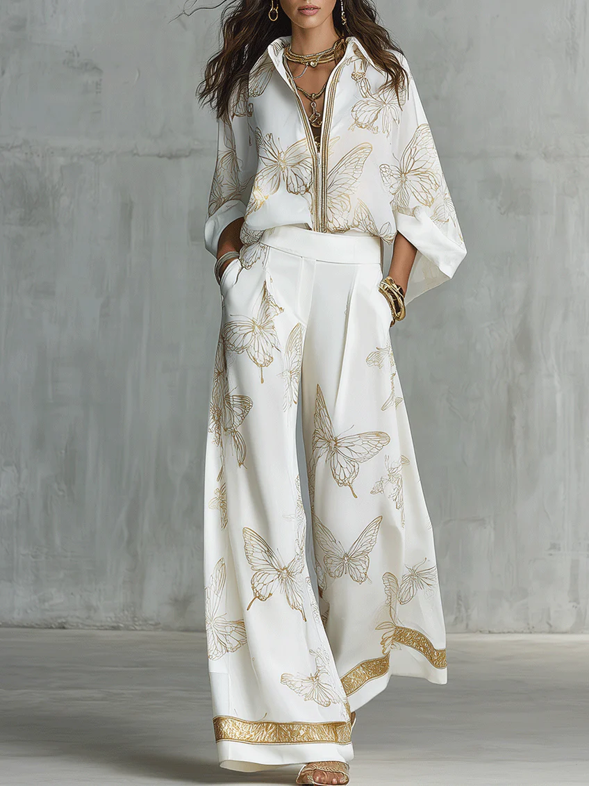 Casual Elegant Gold Butterfly Print Loose Two-piece Set-blumpark