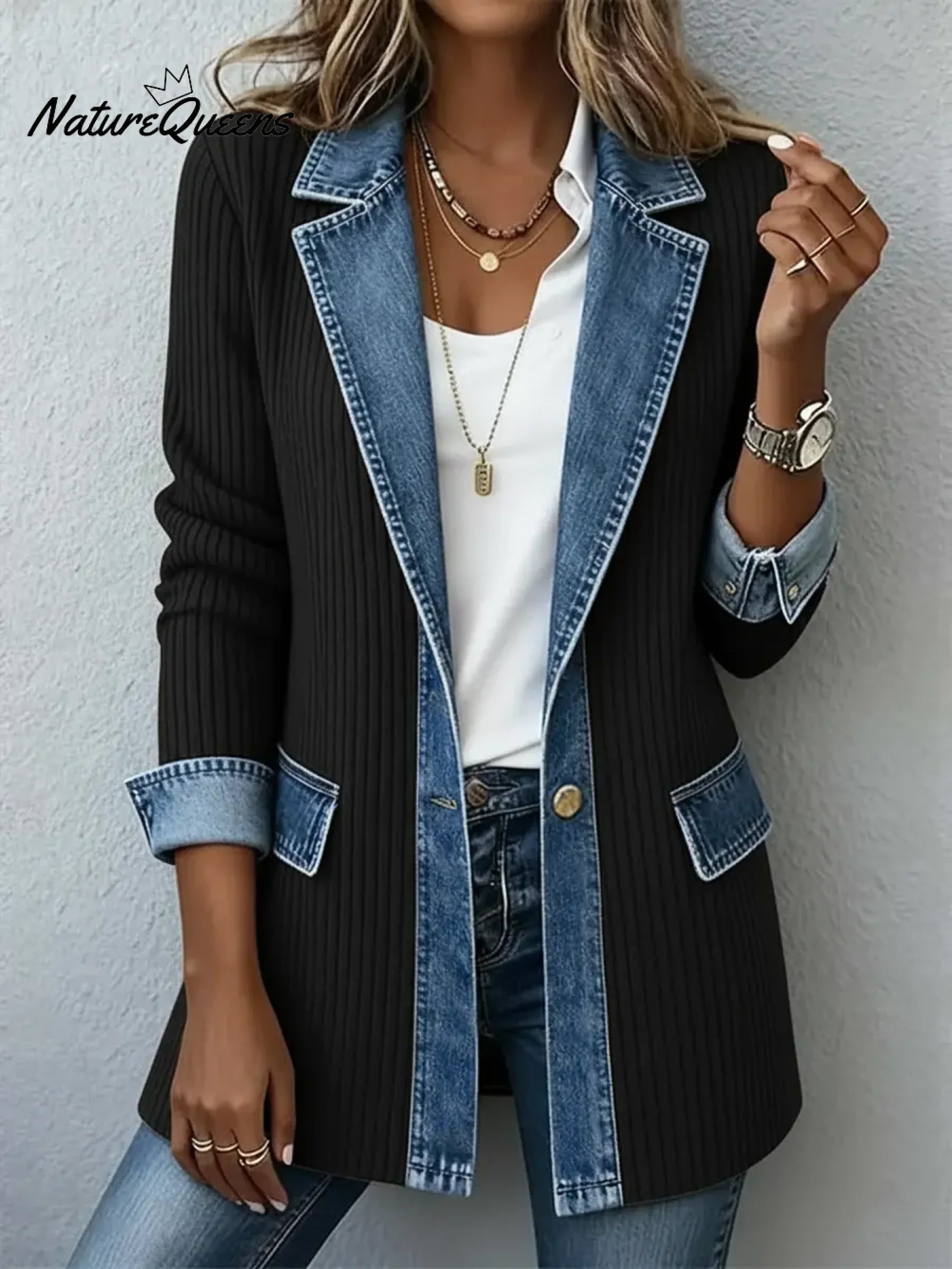 Knitted Patchwork Denim Casual Cotton Jacket-blumpark