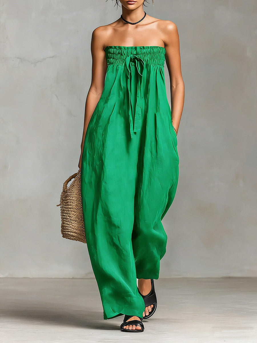 Women's Solid Color Strapless Casual Loose Cotton And Linen Jumpsuit-blumpark