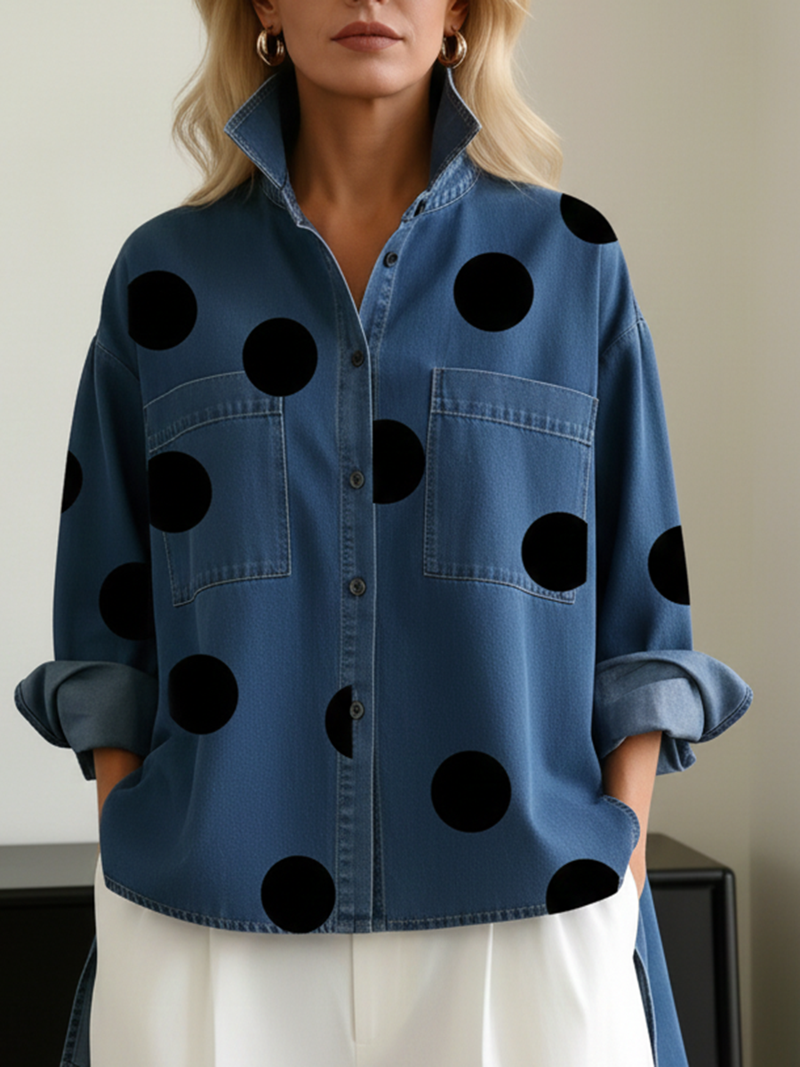 Elegant Artistic Polka Dot Print Stand-collar Denim Top-blumpark
