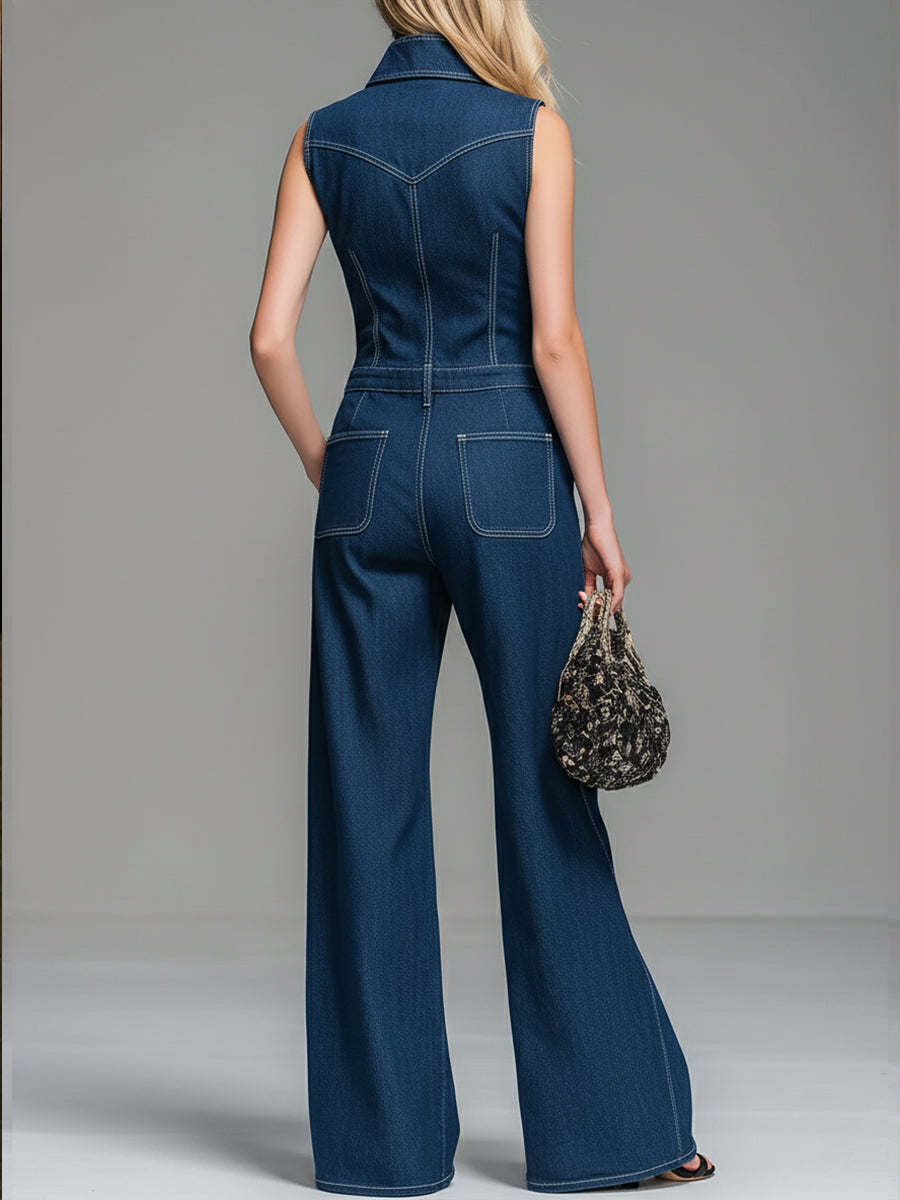 Women's Casual 100% Cotton Zip-up Denim Jumpsuit-blumpark