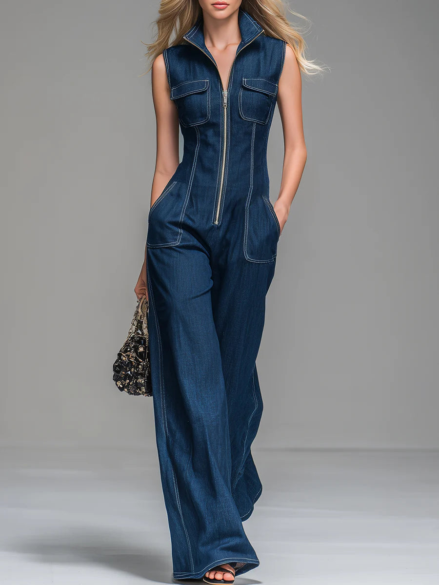 Women's Casual 100% Cotton Zip-up Denim Jumpsuit-blumpark