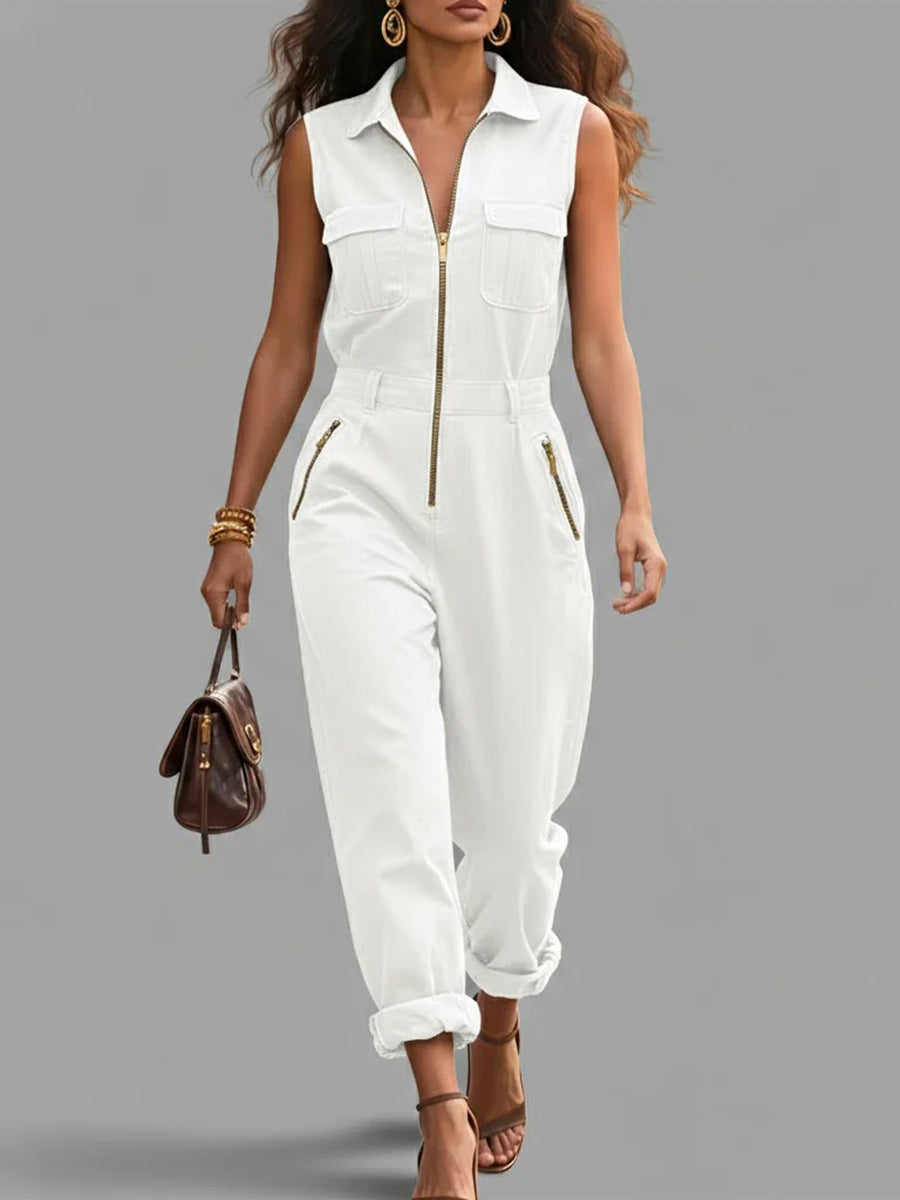 Fashionable And Casual Zippered Sleeveless Cotton Jumpsuit-blumpark