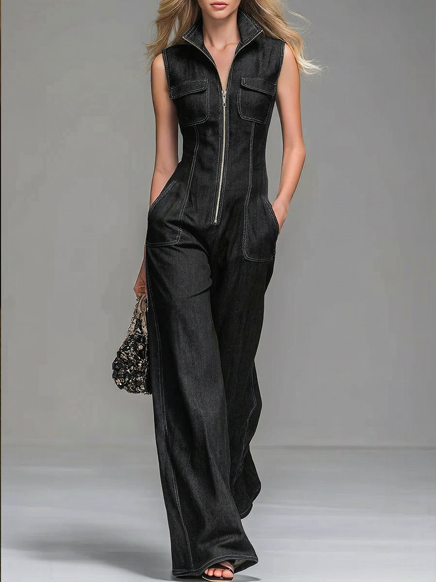 Women's Casual 100% Cotton Zip-up Denim Jumpsuit-blumpark