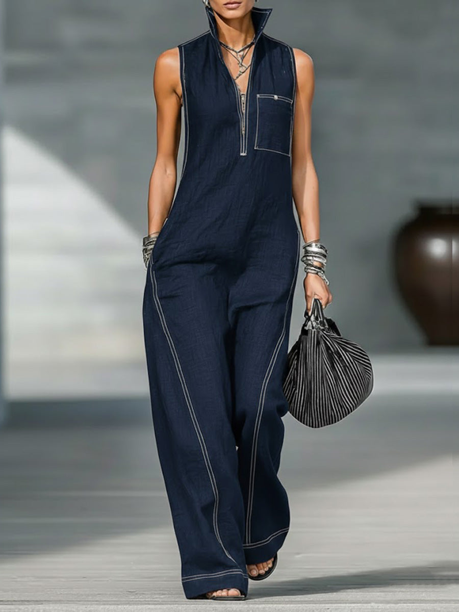 Women's Stand-collar Sleeveless Casual Loose Cotton And Linen Jumpsuit-blumpark