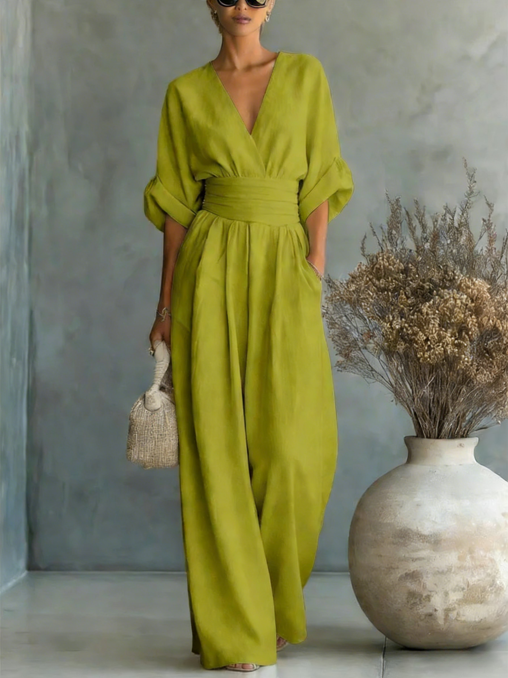 Elegant Vacation Casual Fashion V-neck Waist Jumpsuit-blumpark