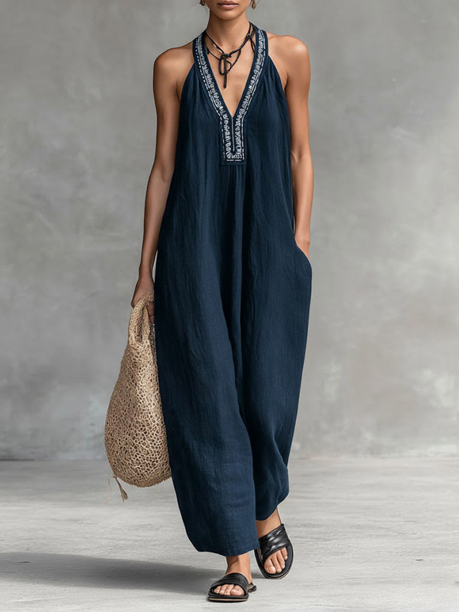 Women's Solid Color V-Neck Halter Neck Sleeveless Casual Loose Cotton Linen Wide-Leg Jumpsuit-blumpark