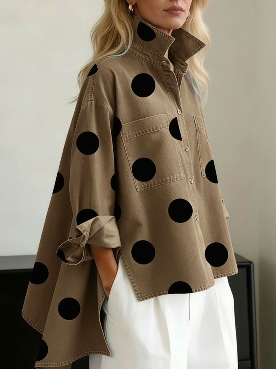 Elegant Artistic Polka Dot Print Stand-collar Denim Top-blumpark
