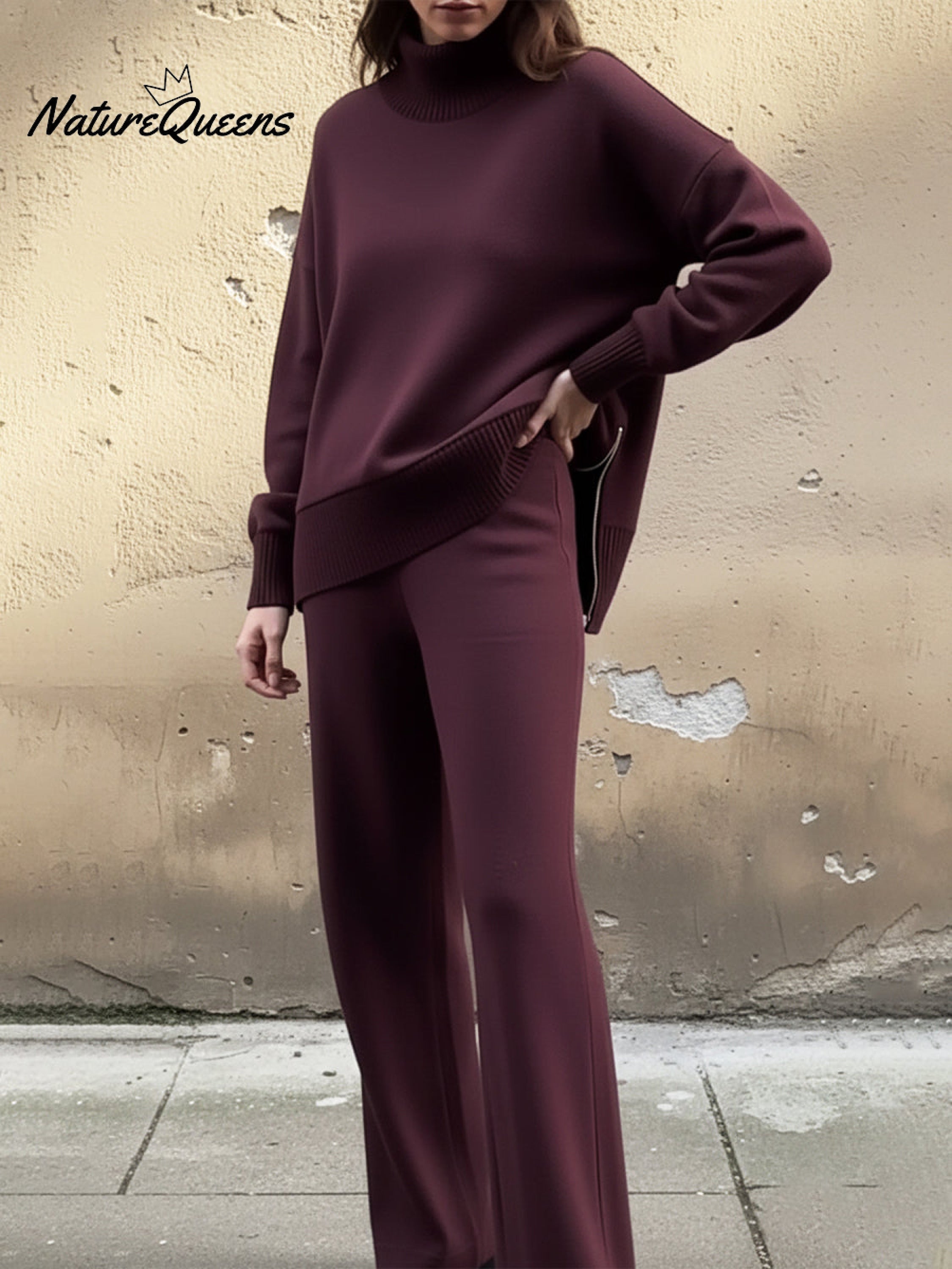 Casual Travel Stand Collar Side Zipper Top Straight Pants Two-Piece Set-blumpark