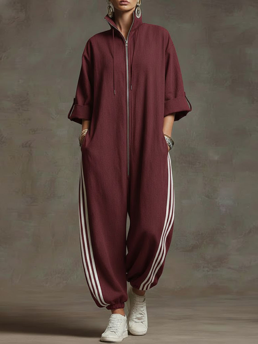Women's Stand-collar 3/4 Sleeve Casual Loose Hooded Linen Jumpsuit-blumpark