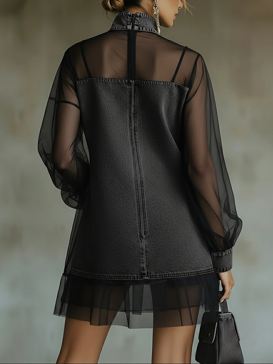 Fashionable Patchwork Organza Denim Mini Dress-blumpark
