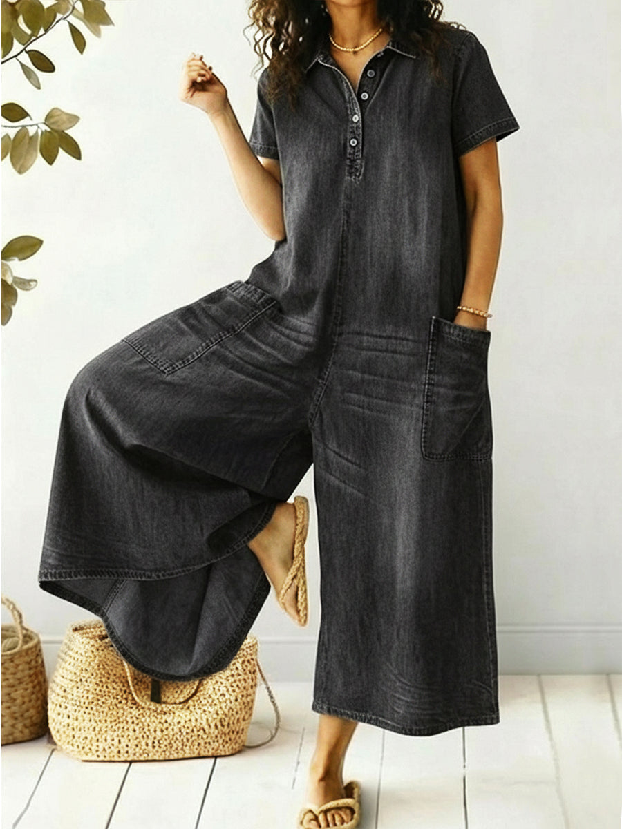 Women's Loose-fitting Casual Short-sleeved Denim Jumpsuit-blumpark