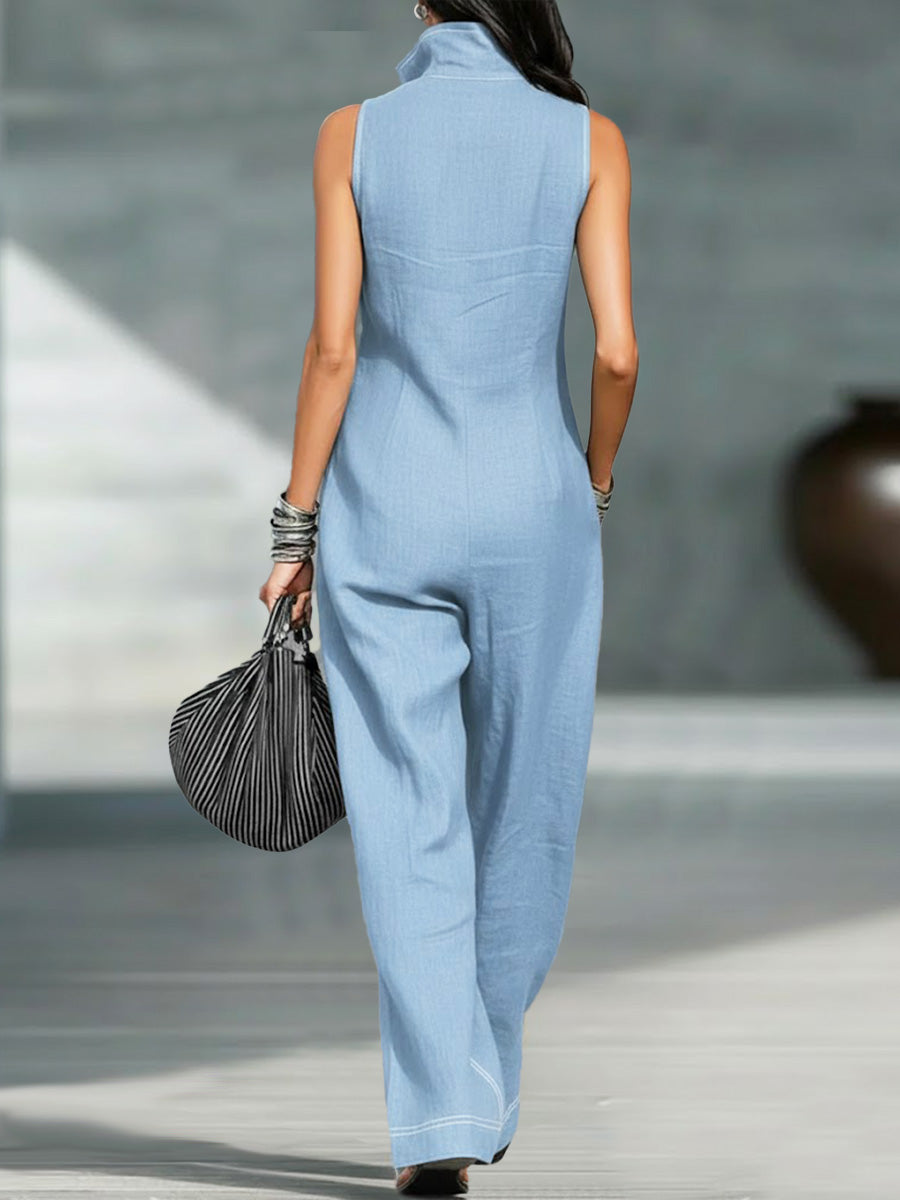 Women's Stand-collar Sleeveless Casual Loose Cotton And Linen Jumpsuit-blumpark