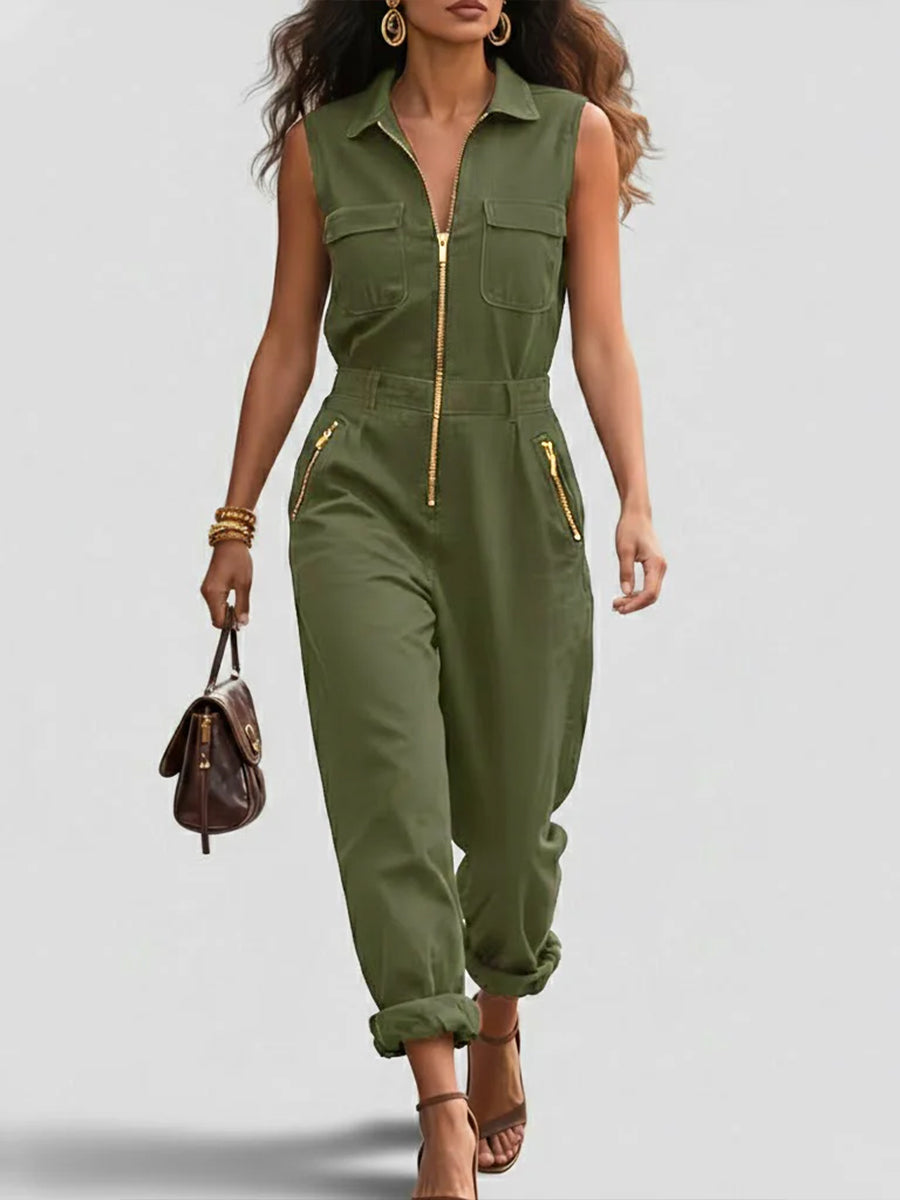 Fashionable And Casual Zippered Sleeveless Cotton Jumpsuit-blumpark