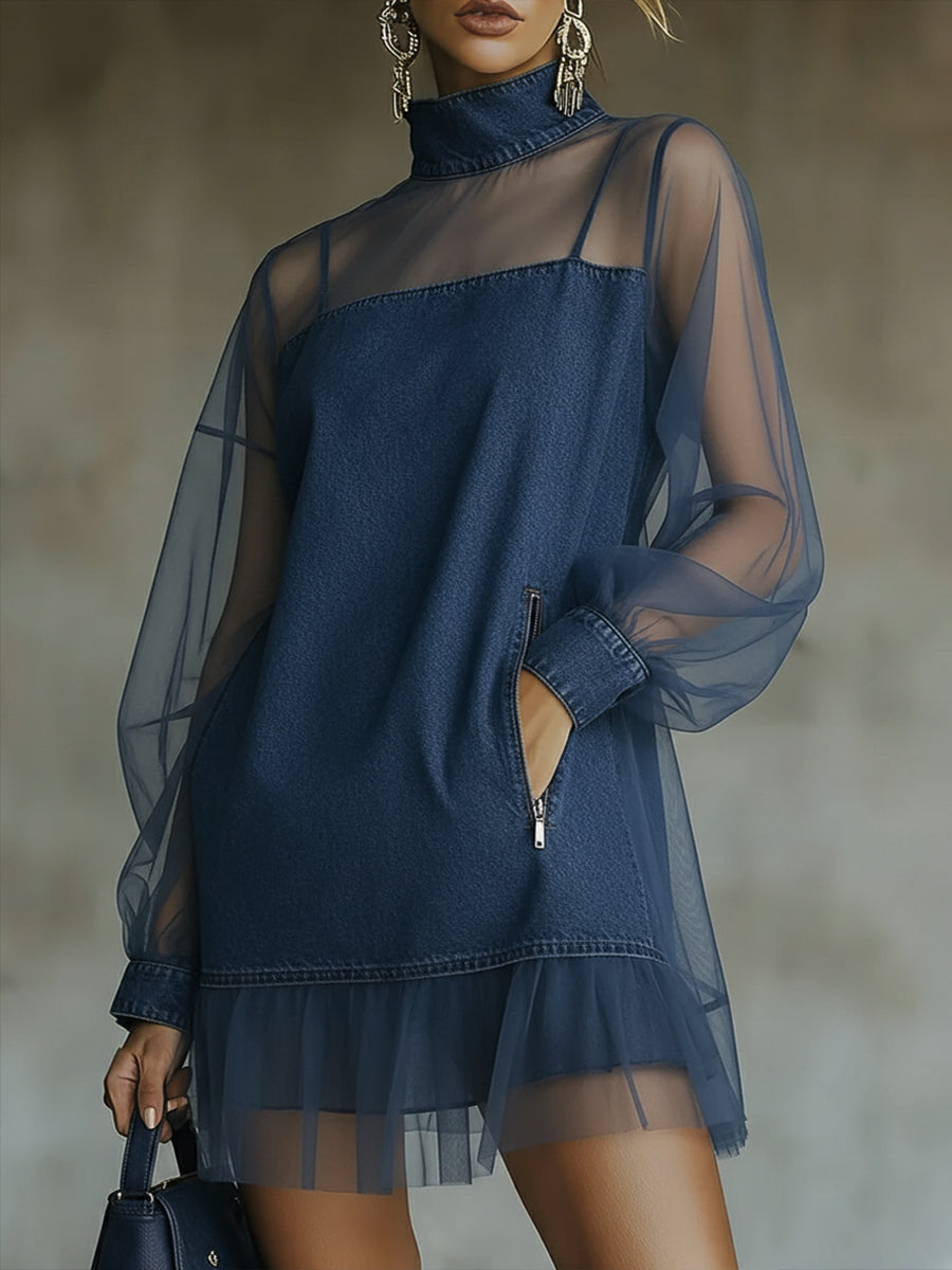 Fashionable Patchwork Organza Denim Mini Dress-blumpark