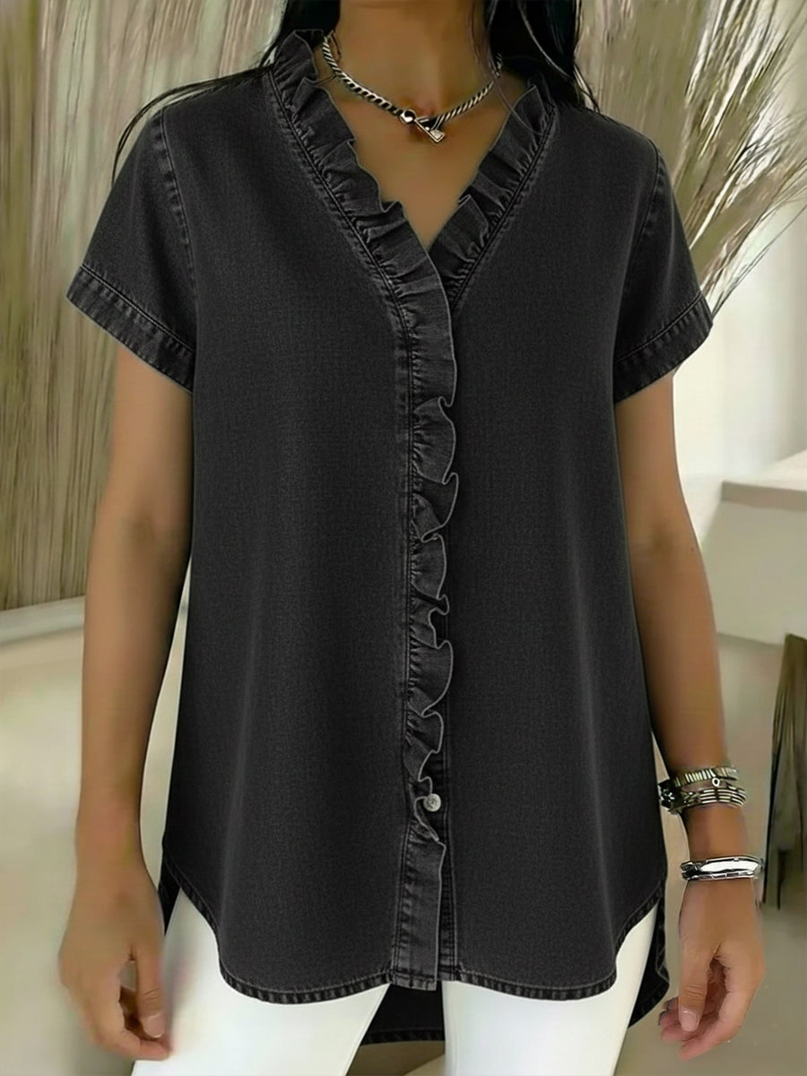 Casual Short-sleeved Denim Shirt With Ruffled Details.-blumpark
