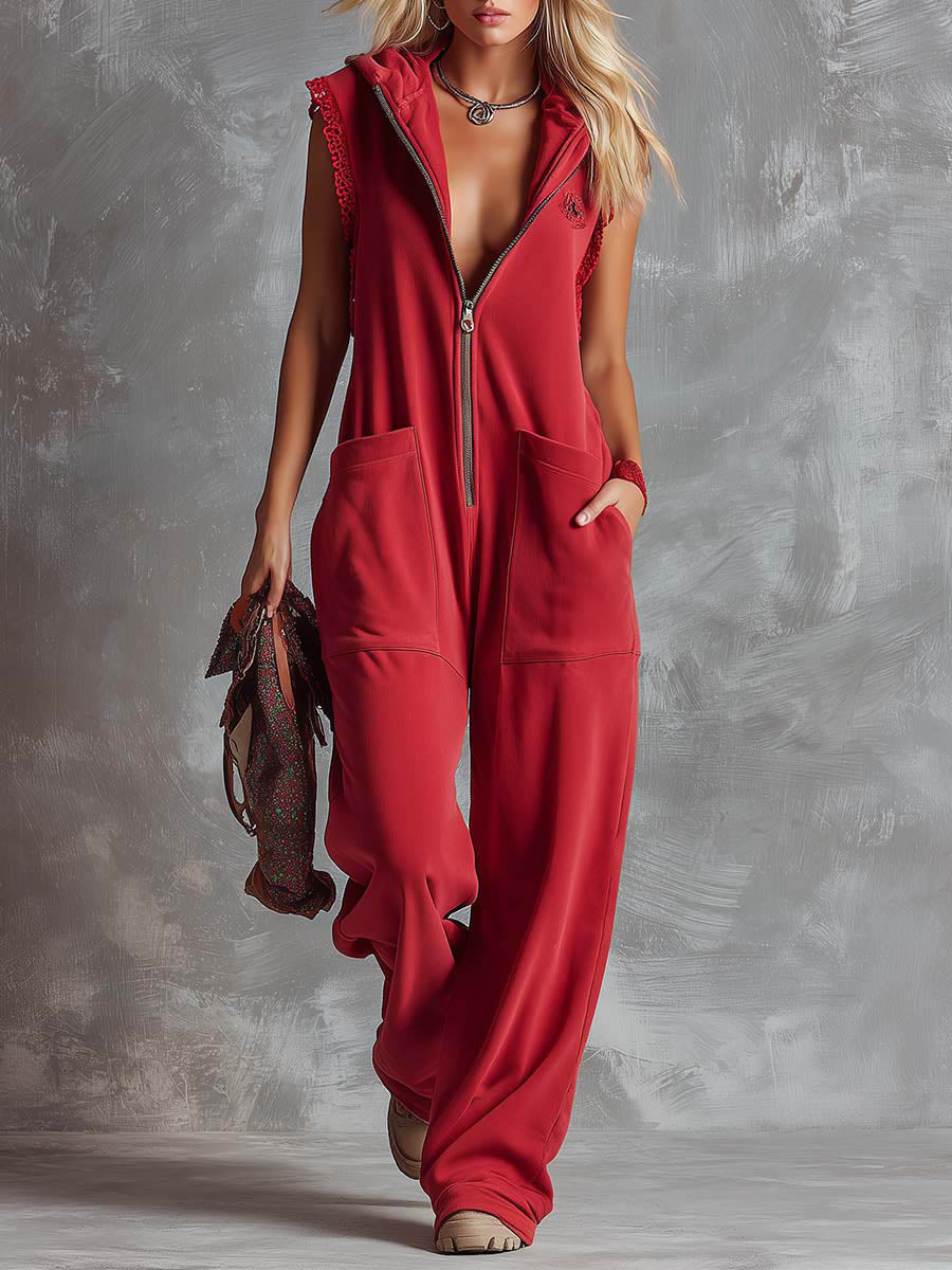 Women's Solid Color Sleeveless Casual Loose Hooded Cotton Wide-leg Jumpsuit-blumpark