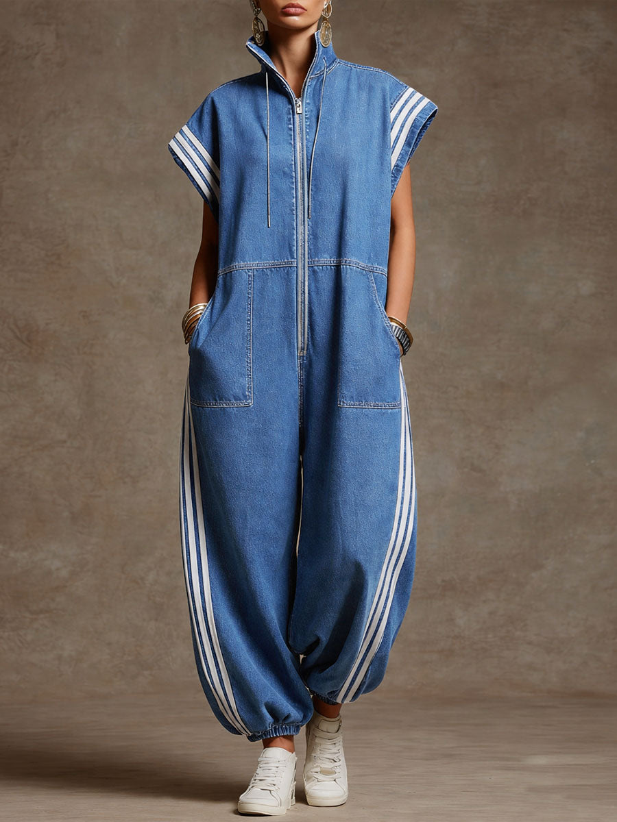 Women's Stand-collar Short-sleeved Casual Loose Denim Wide-leg Jumpsuit-blumpark