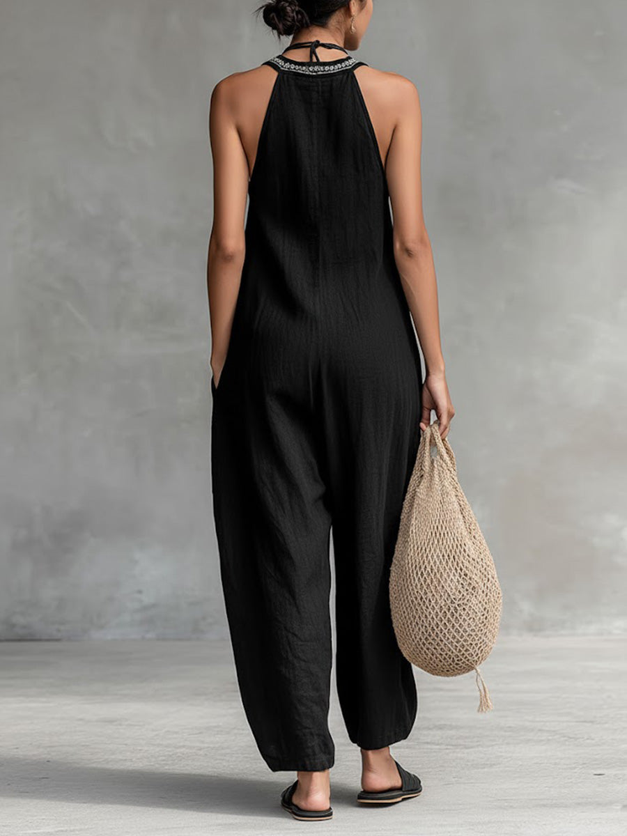 Women's Solid Color V-Neck Halter Neck Sleeveless Casual Loose Cotton Linen Wide-Leg Jumpsuit-blumpark