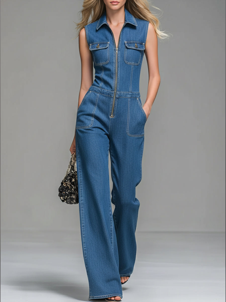 Women's Casual 100% Cotton Zip-up Denim Jumpsuit-blumpark