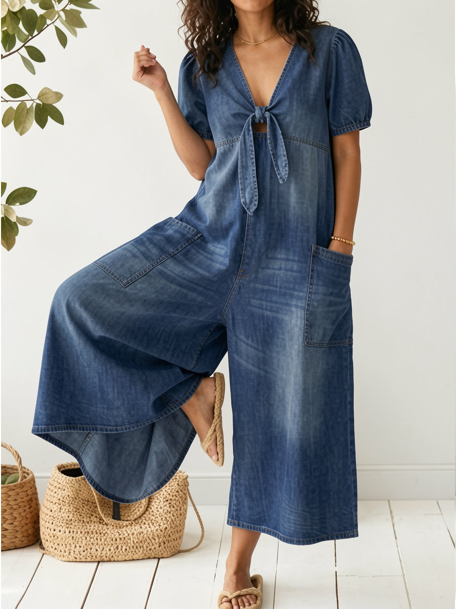 Women's Casual Loose Short-sleeved V-neck Denim Jumpsuit-blumpark