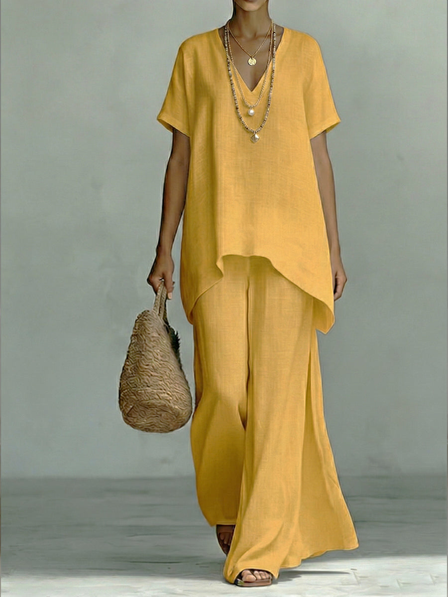 Classic Casual Short-sleeved Linen And Cotton Top And Wide-leg Pants Two-piece Set-blumpark