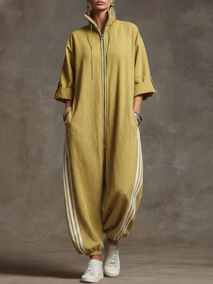 Women's Stand-collar 3/4 Sleeve Casual Loose Hooded Linen Jumpsuit-blumpark