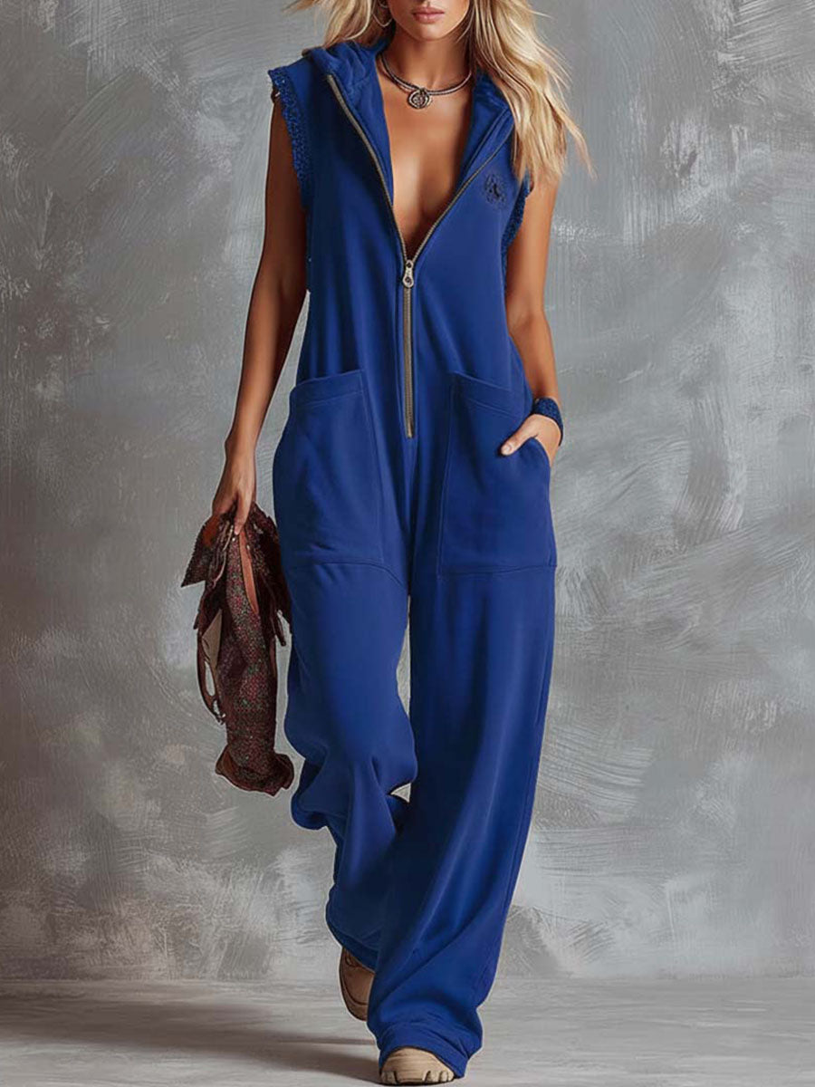 Women's Solid Color Sleeveless Casual Loose Hooded Cotton Wide-leg Jumpsuit-blumpark