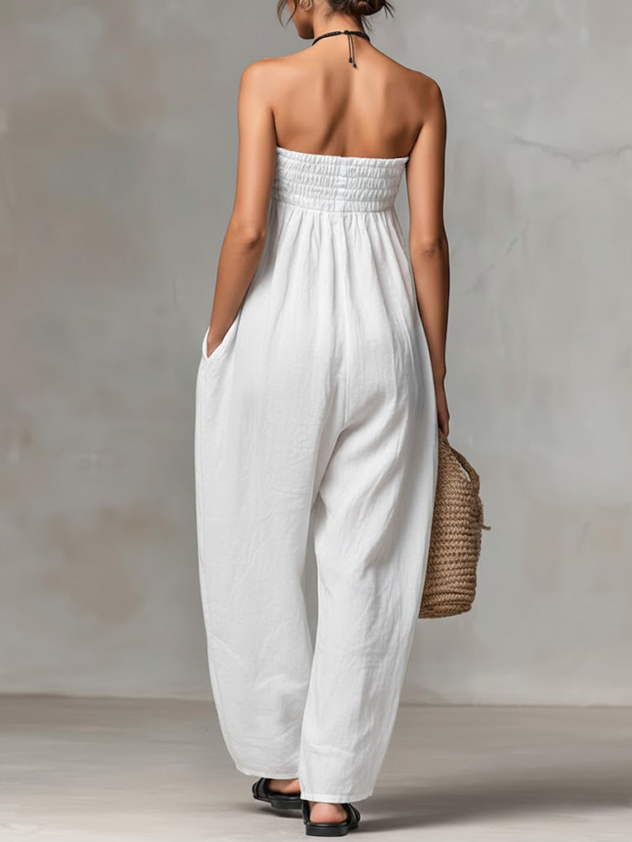 Women's Solid Color Strapless Casual Loose Cotton And Linen Jumpsuit-blumpark